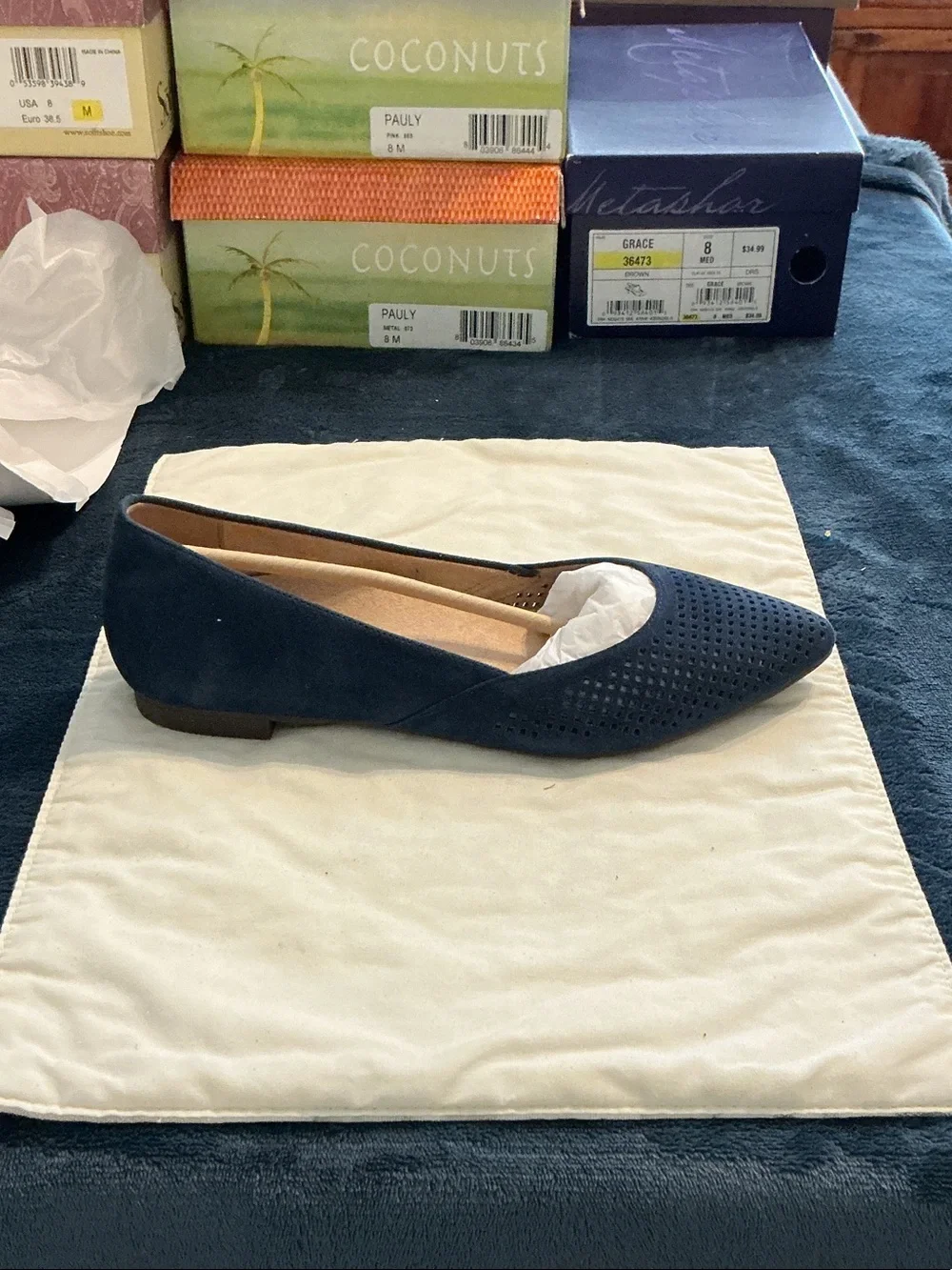 Vionic Navy Pointed Perforated Suede Flat